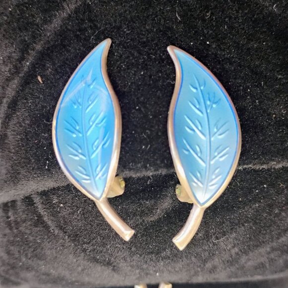 David Andersen Norway Sterling Blue Enamel Double Brooch & Clip-On Earrings Set - Picture 3 of 10